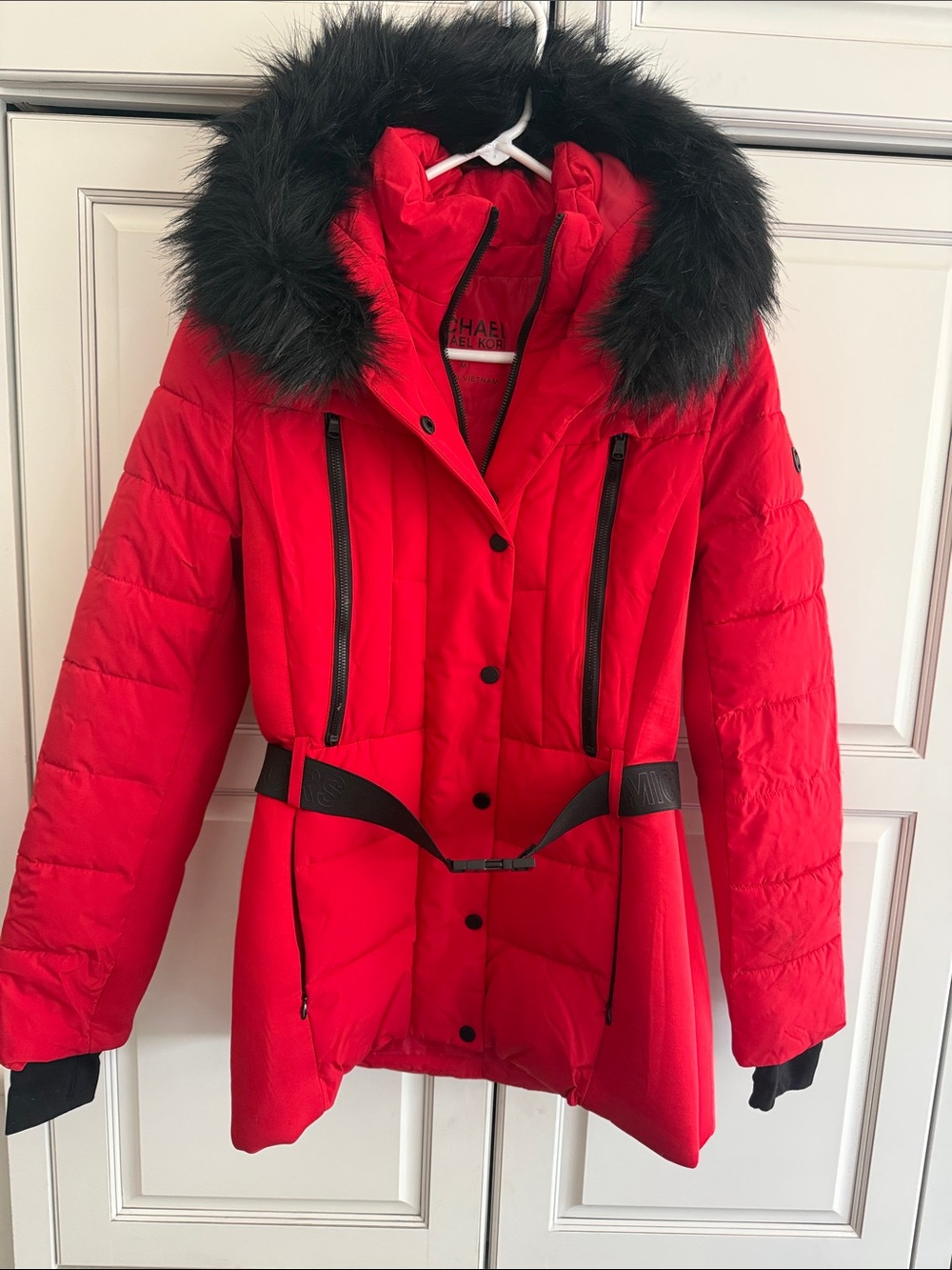 MICHAEL Michael Kors Red Puffer Coat with Black Faux-Fur Hood
